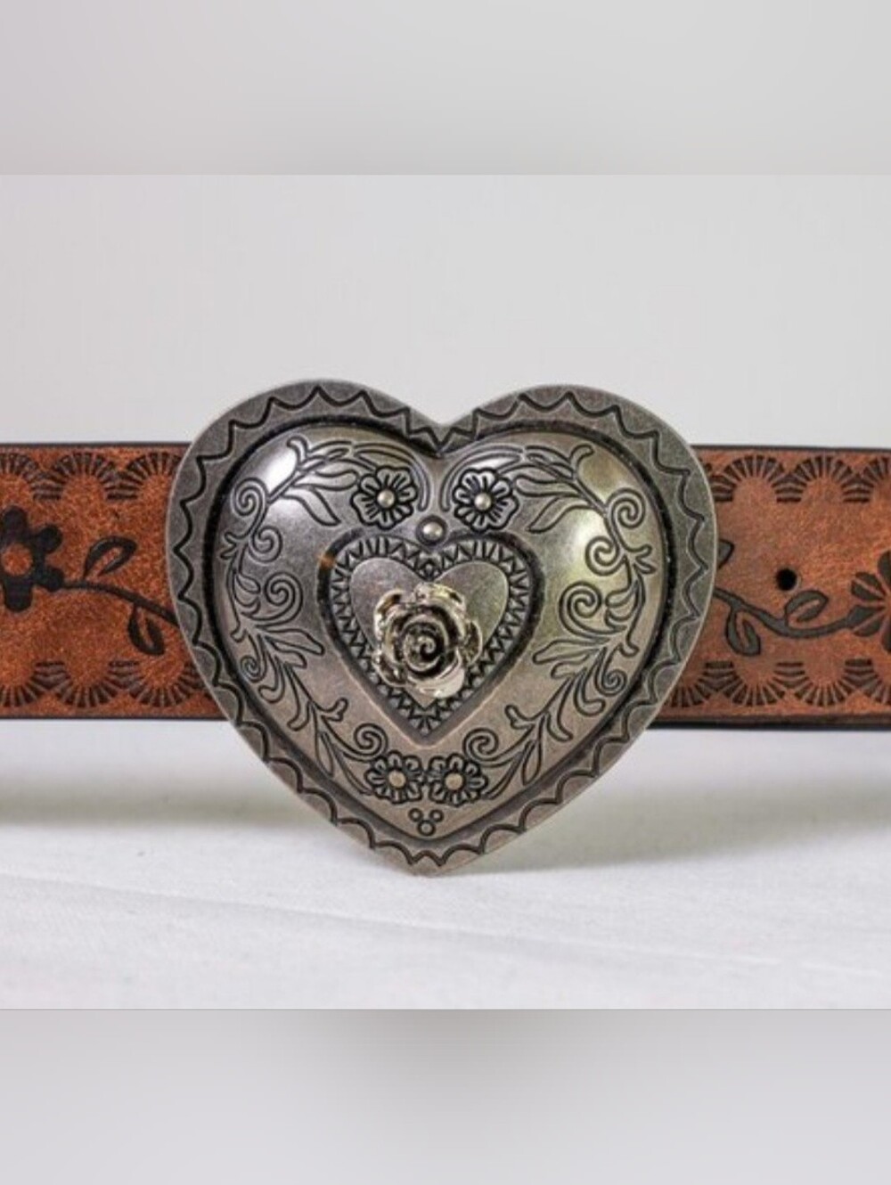 New heart Shaped Floral Metal Belt Buckle With Brown PU Leather Belt